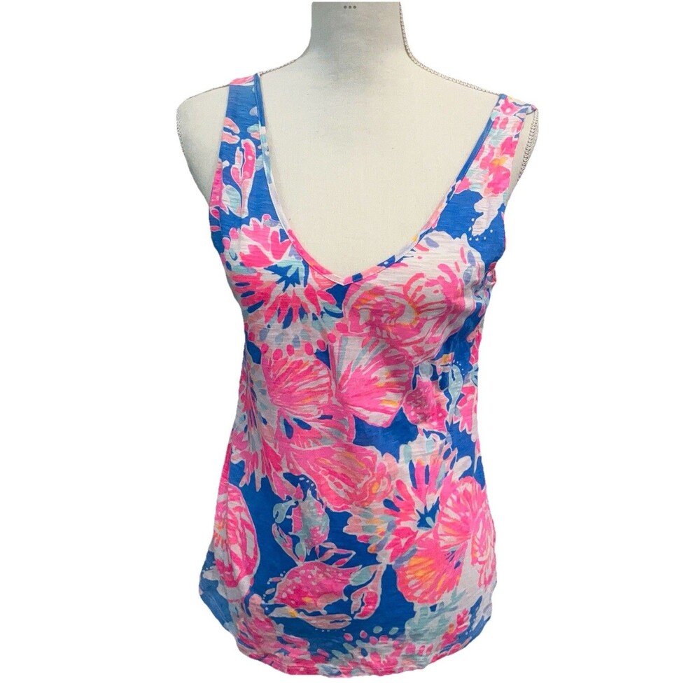 Lilly Pulitzer Gigi Tank Top V Neck Shirt Sleeveless Blue Pink S Cotton